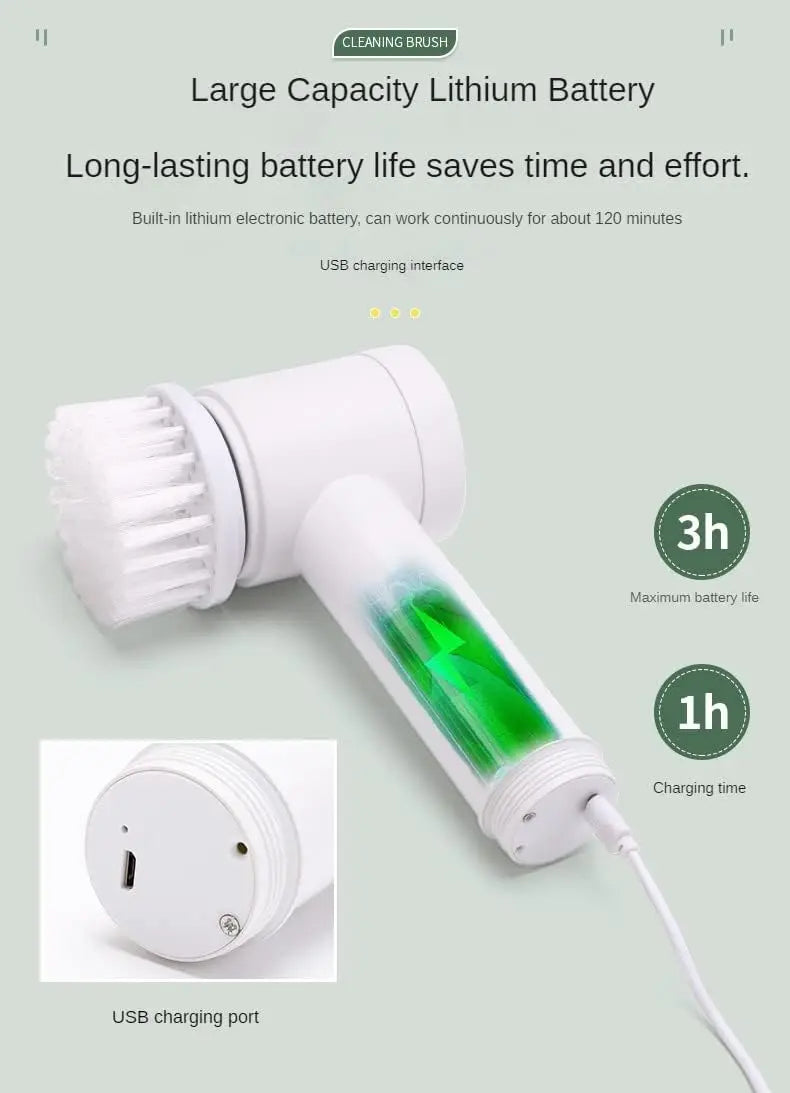 Brosse de nettoyage électrique rotative 5-en-1 – Brosse magique sans effort pour le nettoyage des **carreaux, éviers, lavabos, baignoires et douches.