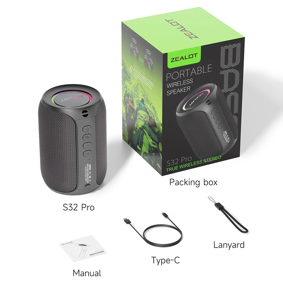 ZEALOT-S32PRO Enceinte portable Bluetooth 5.2 d'extérieur, étanche, sans fil, mini colonne TWS, carte TF