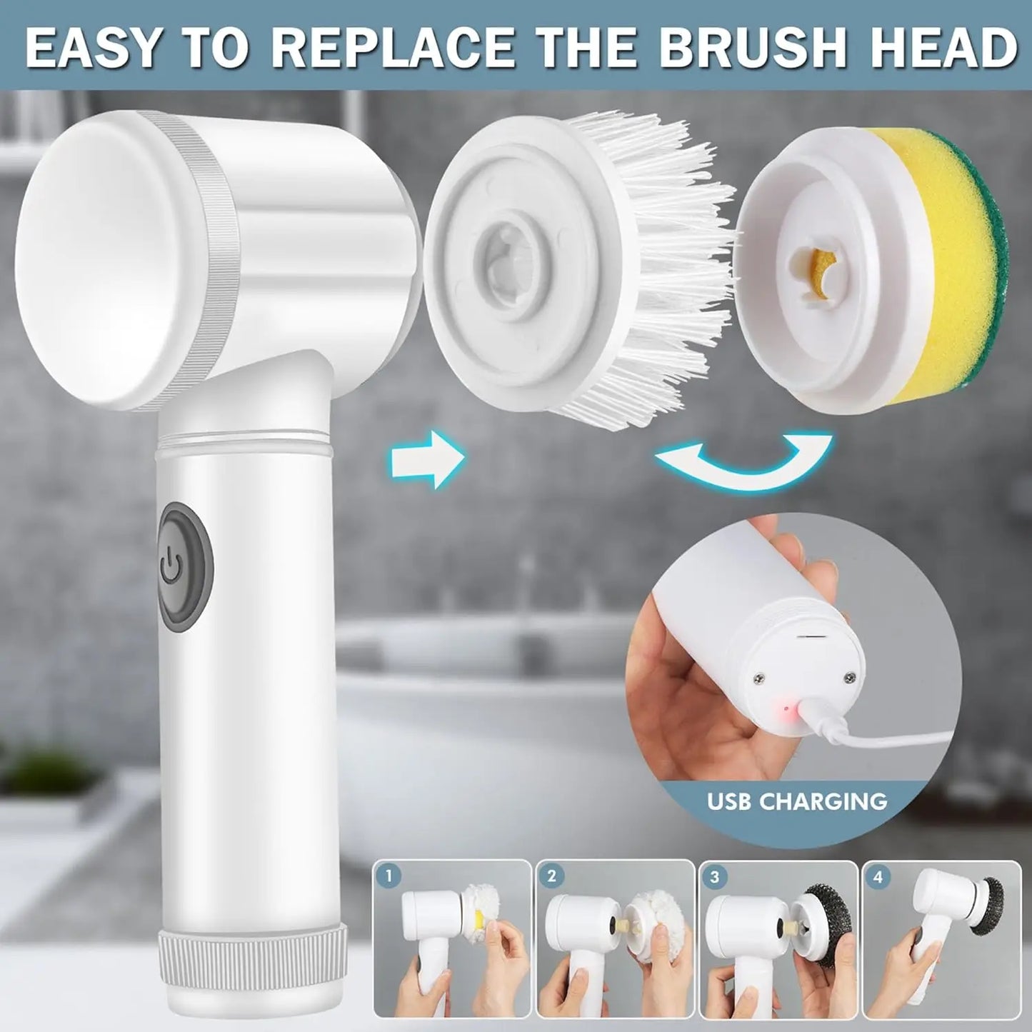 Brosse de nettoyage électrique rotative 5-en-1 – Brosse magique sans effort pour le nettoyage des **carreaux, éviers, lavabos, baignoires et douches.