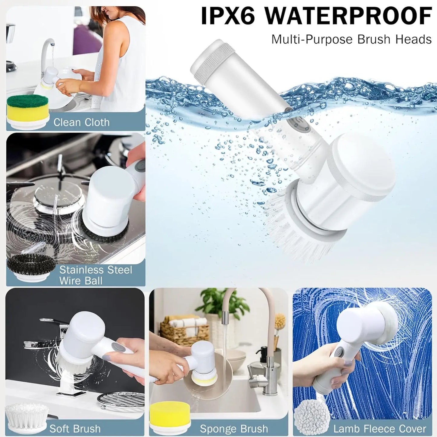 Brosse de nettoyage électrique rotative 5-en-1 – Brosse magique sans effort pour le nettoyage des **carreaux, éviers, lavabos, baignoires et douches.