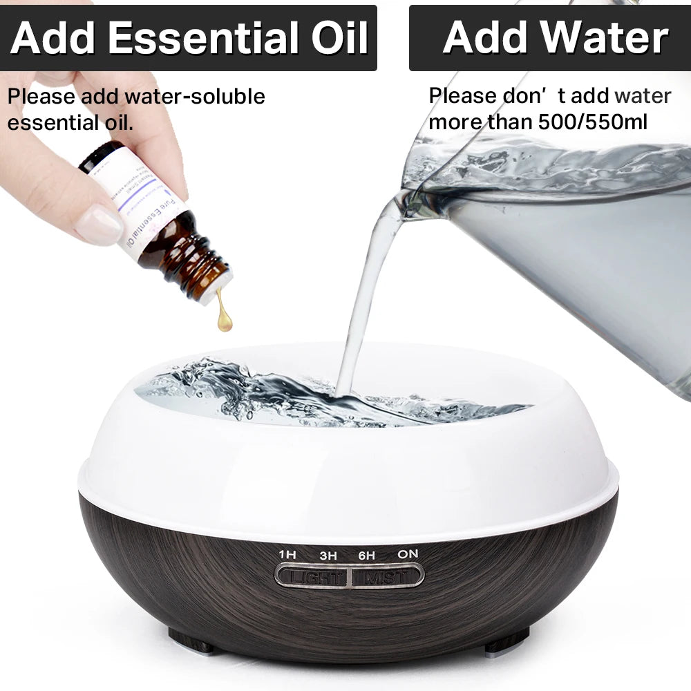 Diffuseur d’huiles essentielles en aromathérapie à grain de bois avec télécommande, humidificateur d’air ultrasonique à brouillard froid avec lumière LED à 7 couleurs.