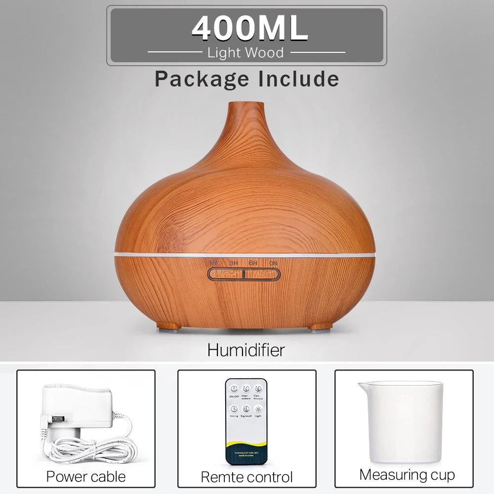 Diffuseur d’huiles essentielles en aromathérapie à grain de bois avec télécommande, humidificateur d’air ultrasonique à brouillard froid avec lumière LED à 7 couleurs.