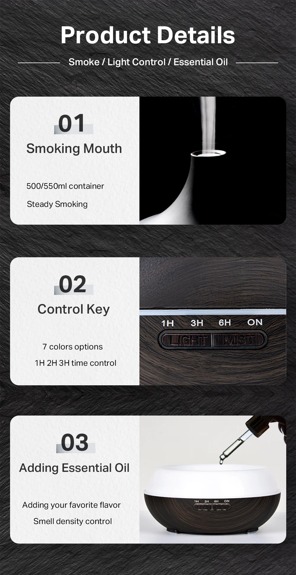 Diffuseur d’huiles essentielles en aromathérapie à grain de bois avec télécommande, humidificateur d’air ultrasonique à brouillard froid avec lumière LED à 7 couleurs.