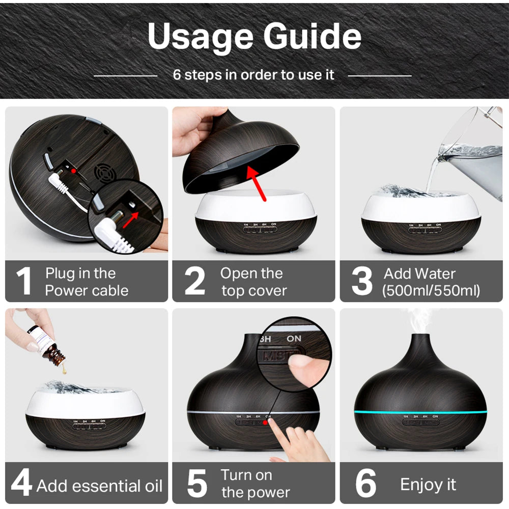 Diffuseur d’huiles essentielles en aromathérapie à grain de bois avec télécommande, humidificateur d’air ultrasonique à brouillard froid avec lumière LED à 7 couleurs.