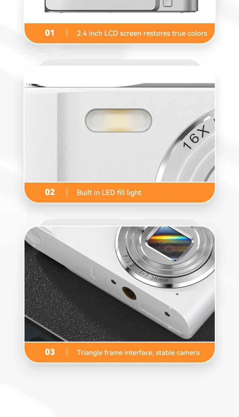 Appareil photo numérique 16x CCD — Appareil photo numérique beauté pour campus, niveau débutant, Polaroid cadeau, double objectif, caméscope, carte 64 Go, lecteur de carte.