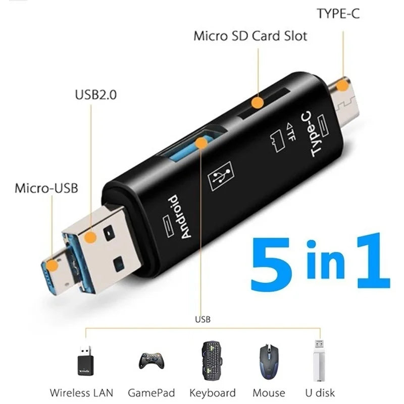 🔌 Lecteur de Cartes 5-en-1 Multifonction – USB 2.0 / Type-C / Micro USB / SD / TF