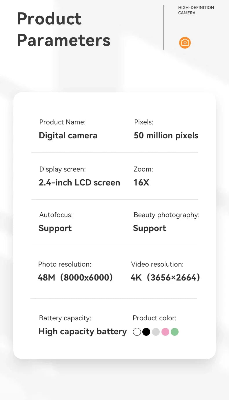 Appareil photo numérique 16x CCD — Appareil photo numérique beauté pour campus, niveau débutant, Polaroid cadeau, double objectif, caméscope, carte 64 Go, lecteur de carte.