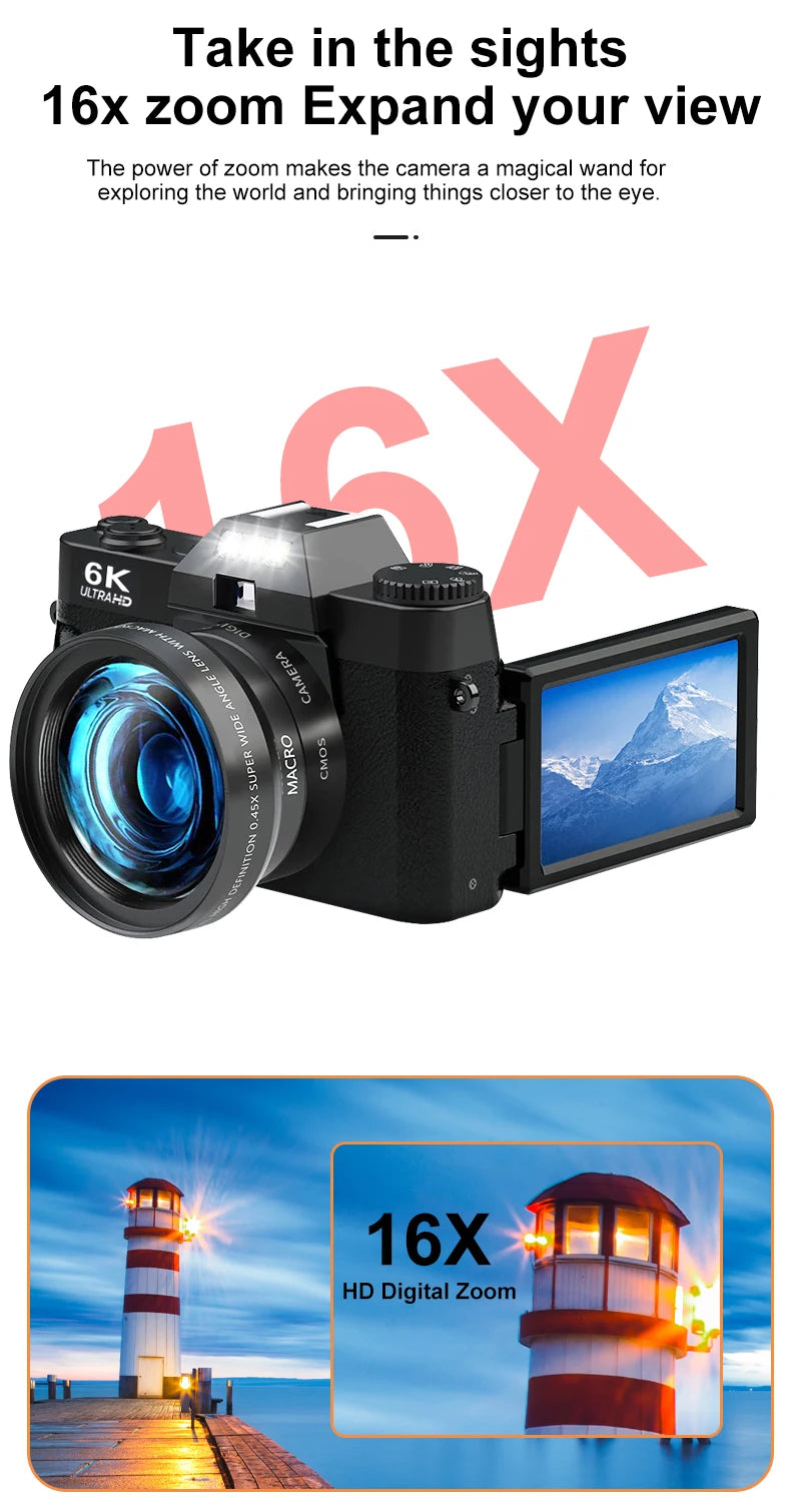 Appareil photo numérique compact Ourlife — Appareil photo 6K avec Wi-Fi, Webcam vintage, caméscope Vlog/YouTube, 64 Mpx, zoom 16x.
