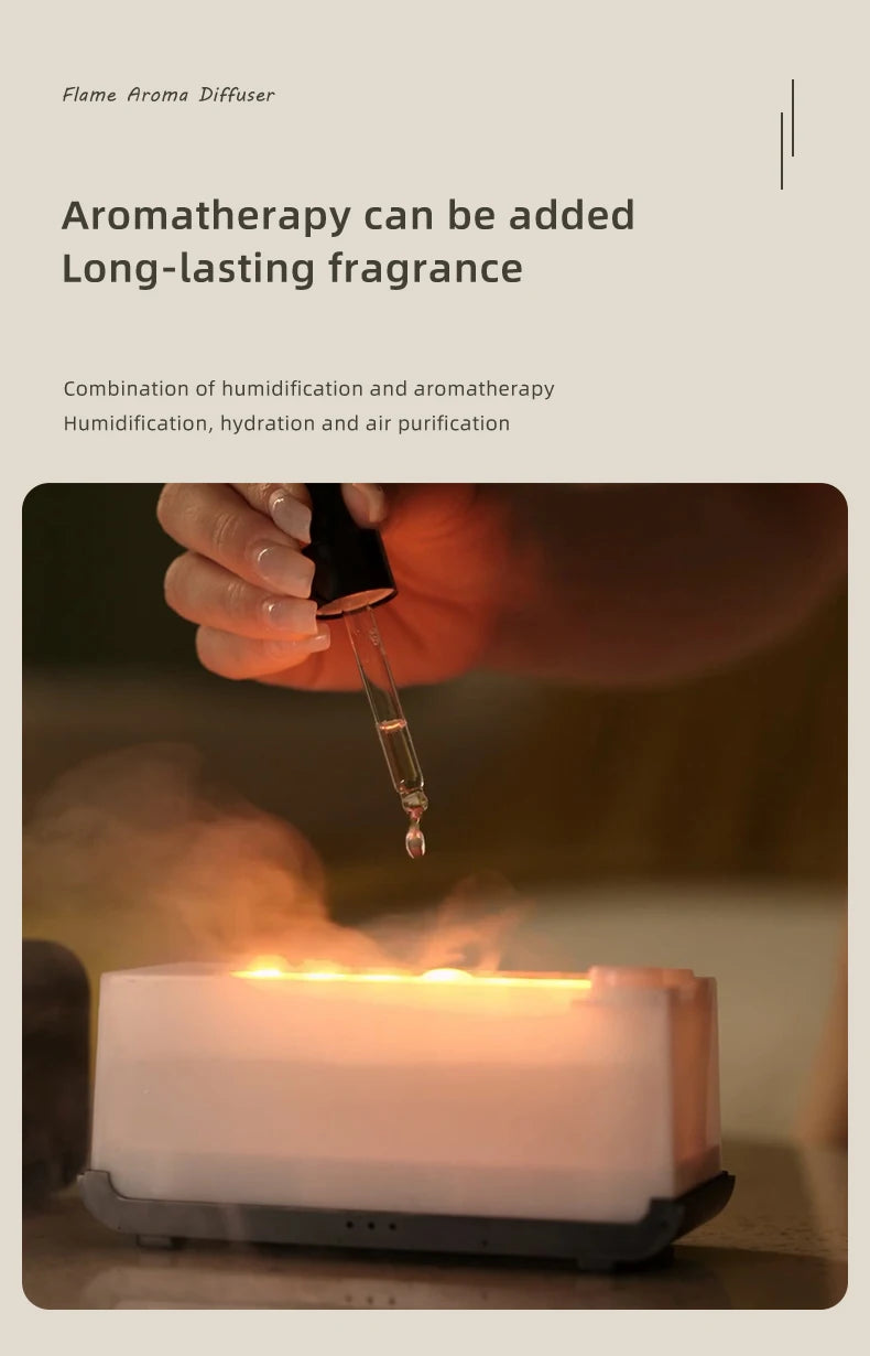 Diffuseur d’arômes à effet flamme colorée simulée — Humidificateur d’air ultrasonique à brume fraîche, avec ajout d’huiles essentielles et fonction de minuterie.