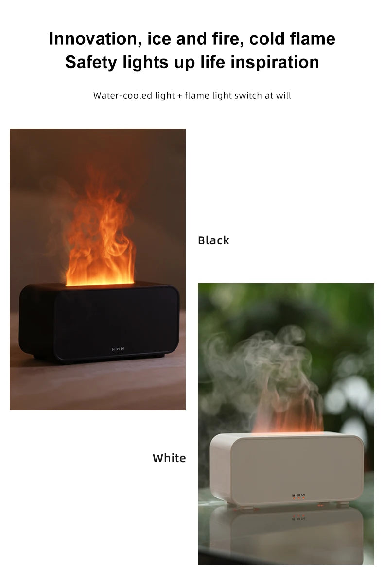 Diffuseur d’arômes à effet flamme colorée simulée — Humidificateur d’air ultrasonique à brume fraîche, avec ajout d’huiles essentielles et fonction de minuterie.