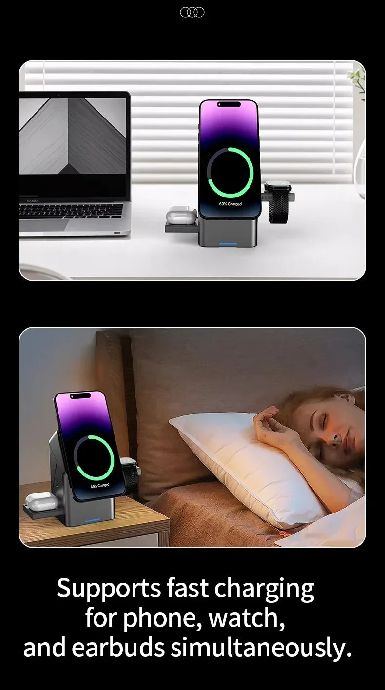 👉 Nouveau chargeur sans fil automatique à toucher magnétique multifonction 3 en 1 pour iPhone 16 / 15 / 14 / 13 Pro Max, Apple Watch et AirPods