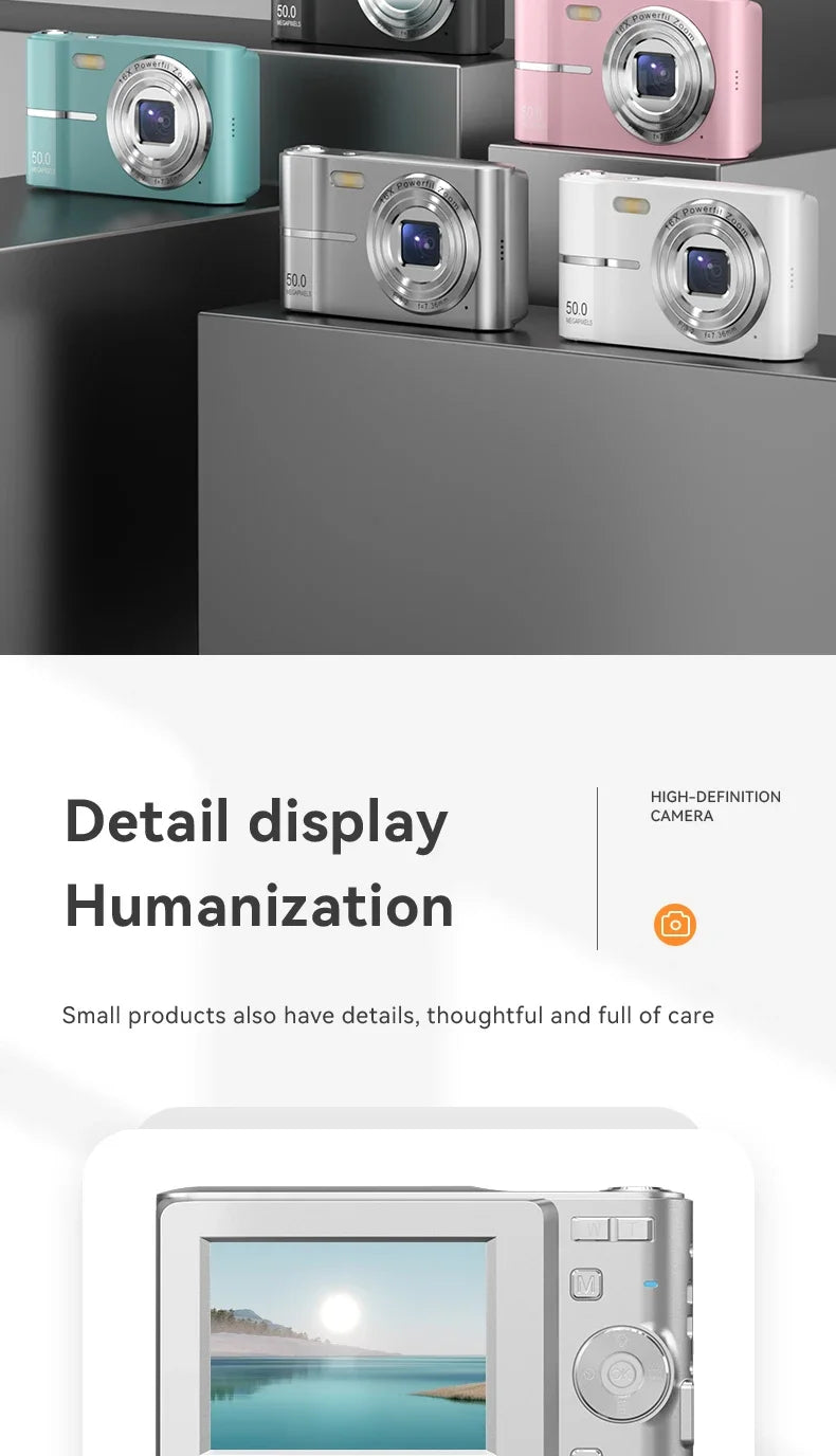 Appareil photo numérique 16x CCD — Appareil photo numérique beauté pour campus, niveau débutant, Polaroid cadeau, double objectif, caméscope, carte 64 Go, lecteur de carte.