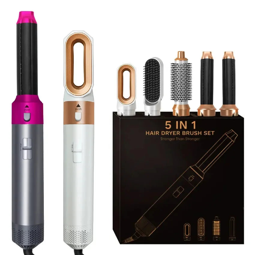 Sèche-cheveux 5-en-1 – Brosse électrique multifonction à ions négatifs : lisseur, boucleur, brosse soufflante, peigne à air chaud avec têtes amovibles.