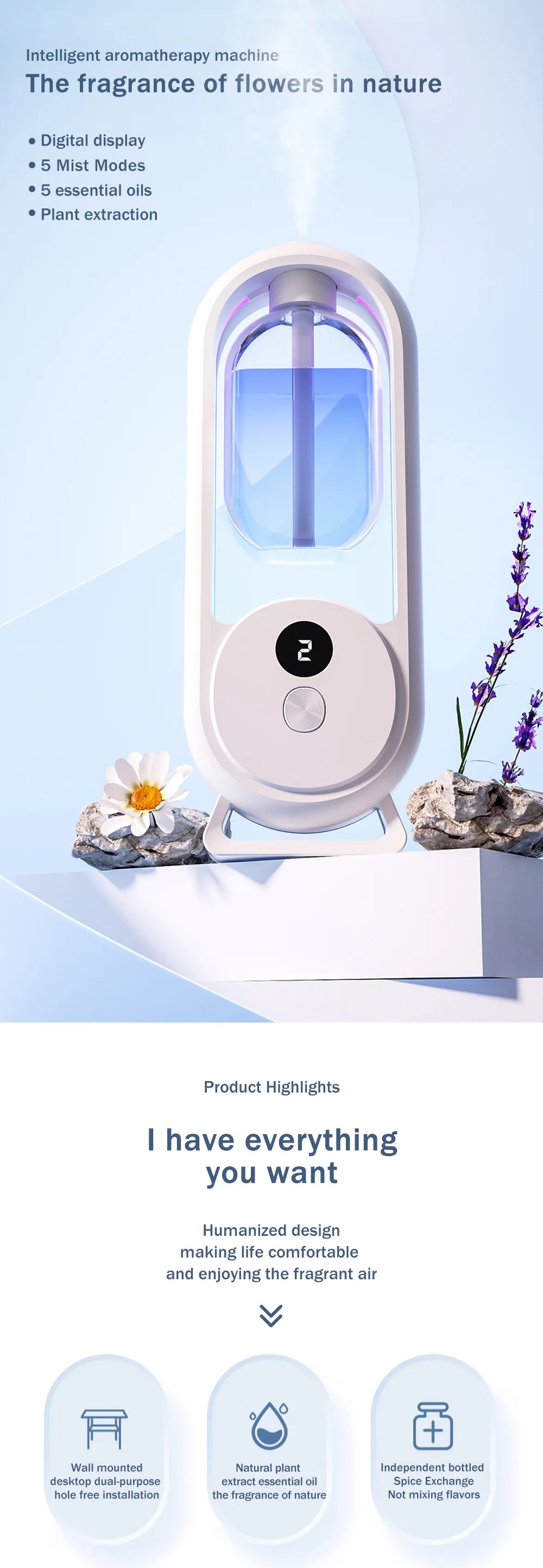 Diffuseur d’arômes portable rechargeable — Machine d’aromathérapie aux huiles essentielles, désodorisant à pulvérisation programmée (5 modes) pour éliminer les mauvaises odeurs et rafraîchir l’air.