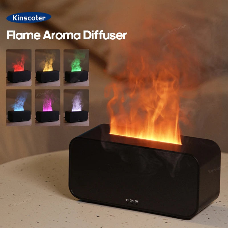 Diffuseur d’arômes à effet flamme colorée simulée — Humidificateur d’air ultrasonique à brume fraîche, avec ajout d’huiles essentielles et fonction de minuterie.