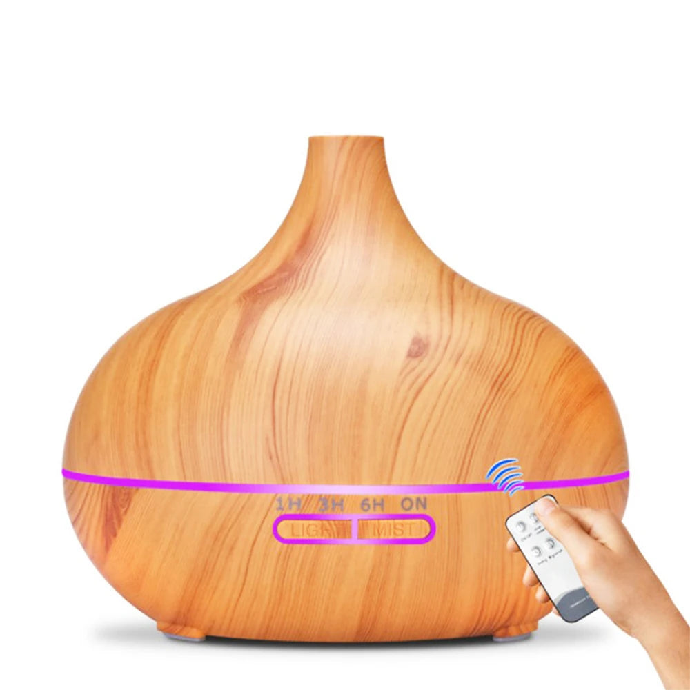 Diffuseur d’huiles essentielles en aromathérapie à grain de bois avec télécommande, humidificateur d’air ultrasonique à brouillard froid avec lumière LED à 7 couleurs.