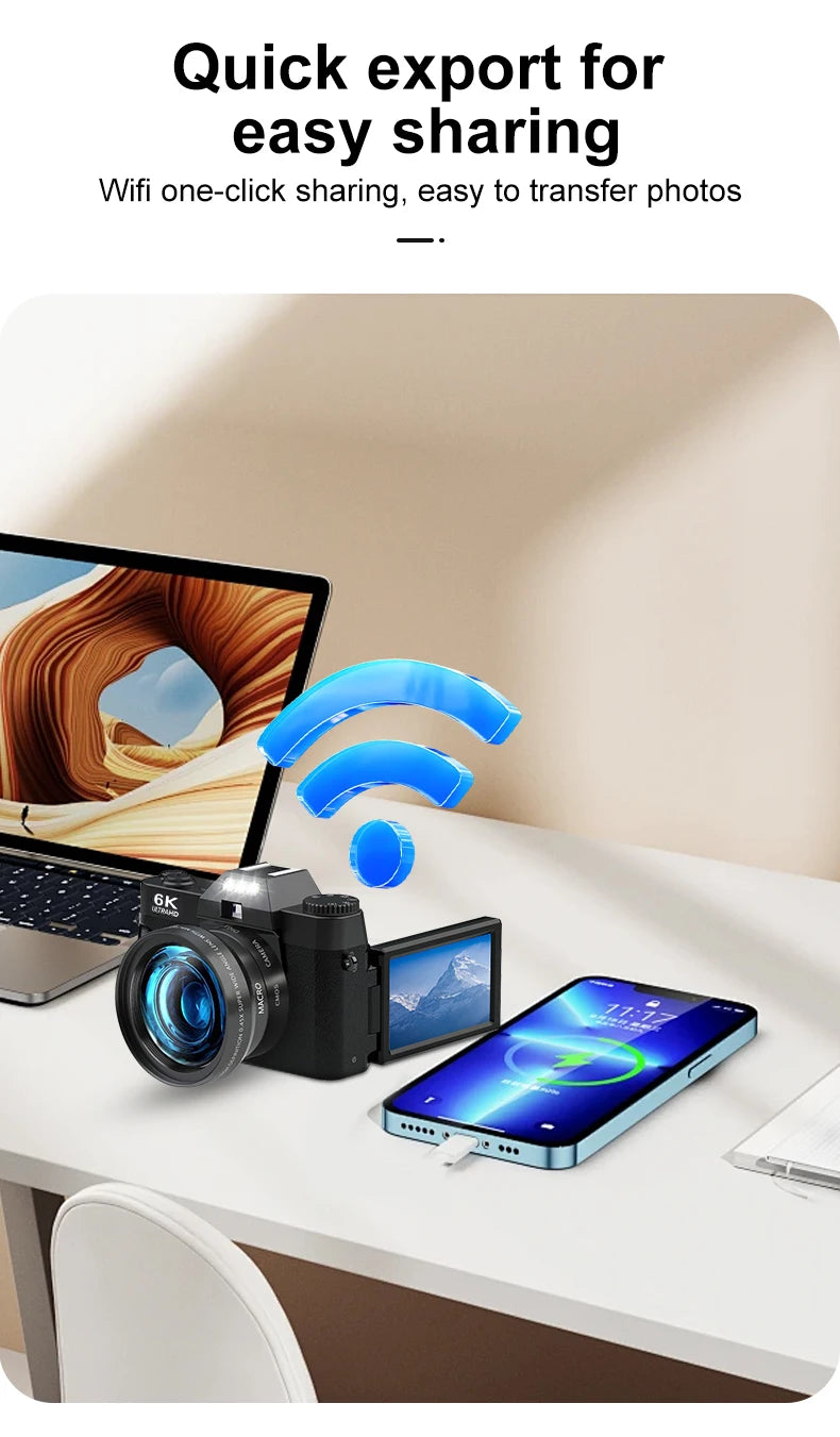 Appareil photo numérique compact Ourlife — Appareil photo 6K avec Wi-Fi, Webcam vintage, caméscope Vlog/YouTube, 64 Mpx, zoom 16x.