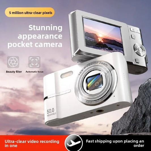 Appareil photo numérique 16x CCD — Appareil photo numérique beauté pour campus, niveau débutant, Polaroid cadeau, double objectif, caméscope, carte 64 Go, lecteur de carte.