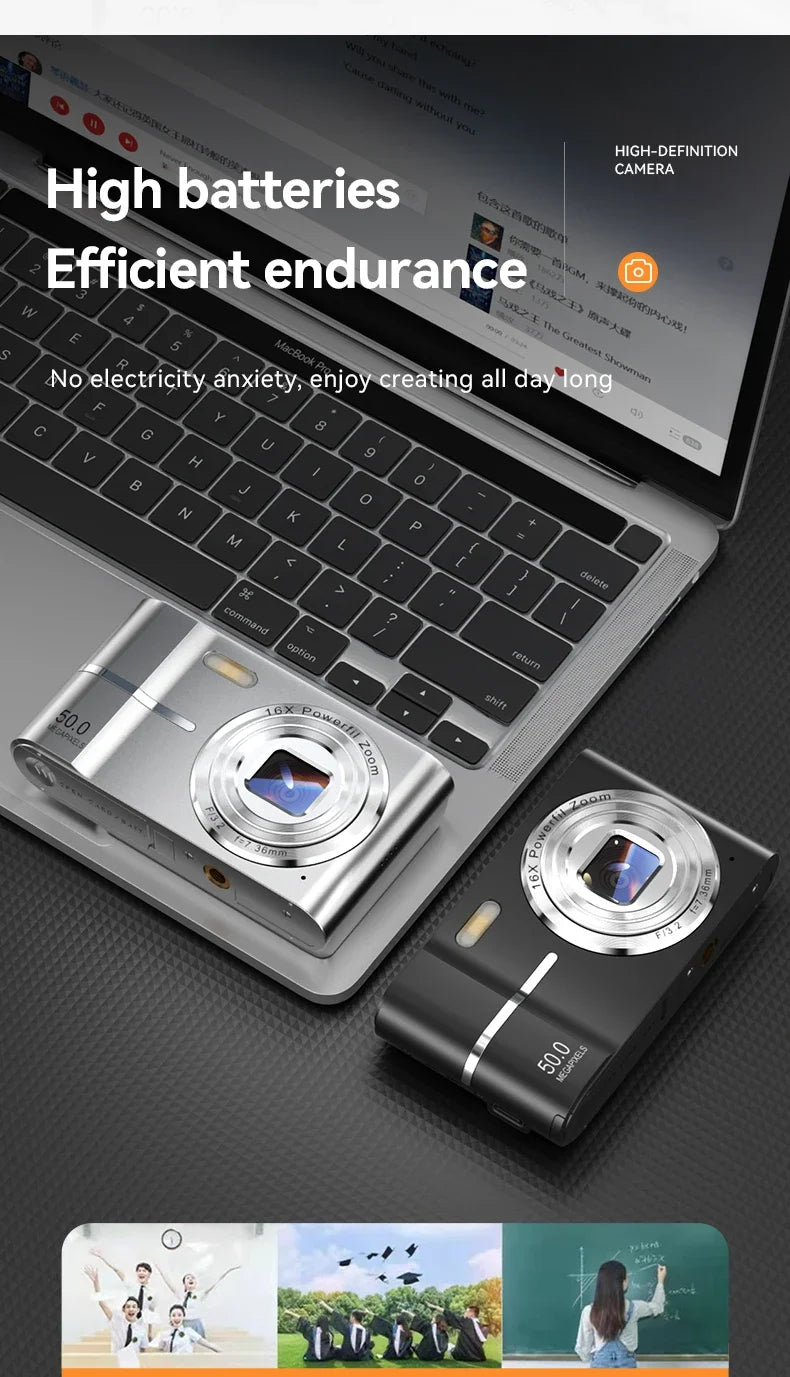 Appareil photo numérique 16x CCD — Appareil photo numérique beauté pour campus, niveau débutant, Polaroid cadeau, double objectif, caméscope, carte 64 Go, lecteur de carte.