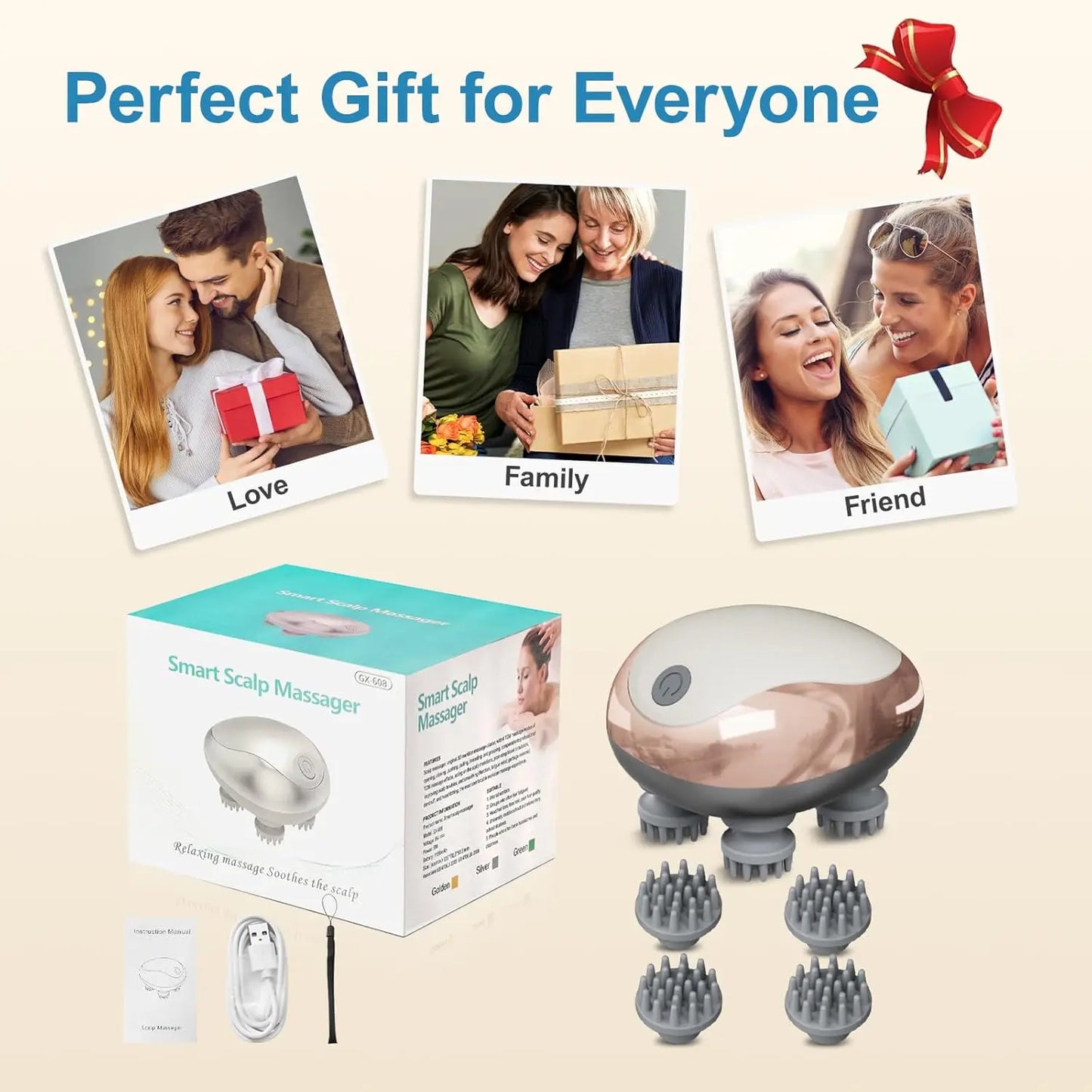 Masseur de cuir chevelu électrique portable, masseur de cuir chevelu portable, gratte-tête pour un massage complet du corps, nettoyage en profondeur et relaxation du stress.