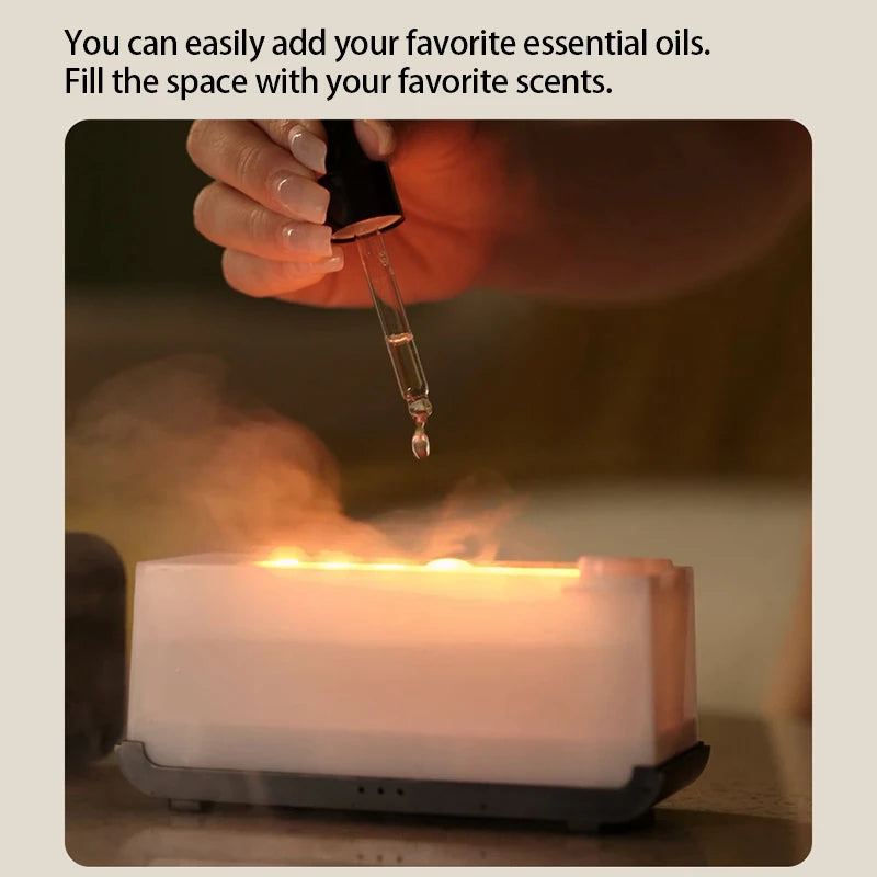 Diffuseur d’arômes à effet flamme colorée simulée — Humidificateur d’air ultrasonique à brume fraîche, avec ajout d’huiles essentielles et fonction de minuterie.