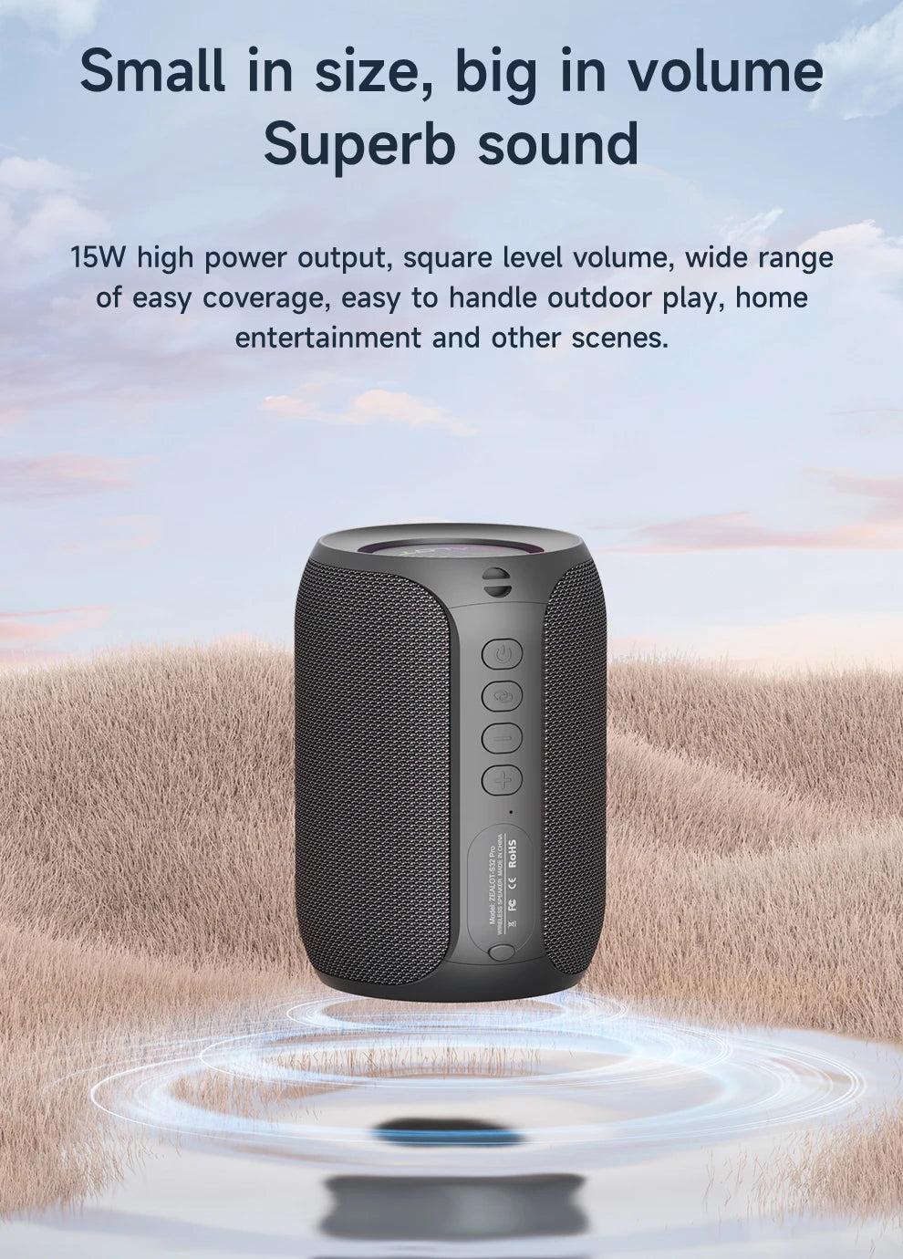 ZEALOT-S32PRO Enceinte portable Bluetooth 5.2 d'extérieur, étanche, sans fil, mini colonne TWS, carte TF