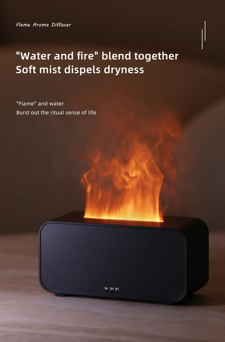 Diffuseur d’arômes à effet flamme colorée simulée — Humidificateur d’air ultrasonique à brume fraîche, avec ajout d’huiles essentielles et fonction de minuterie.