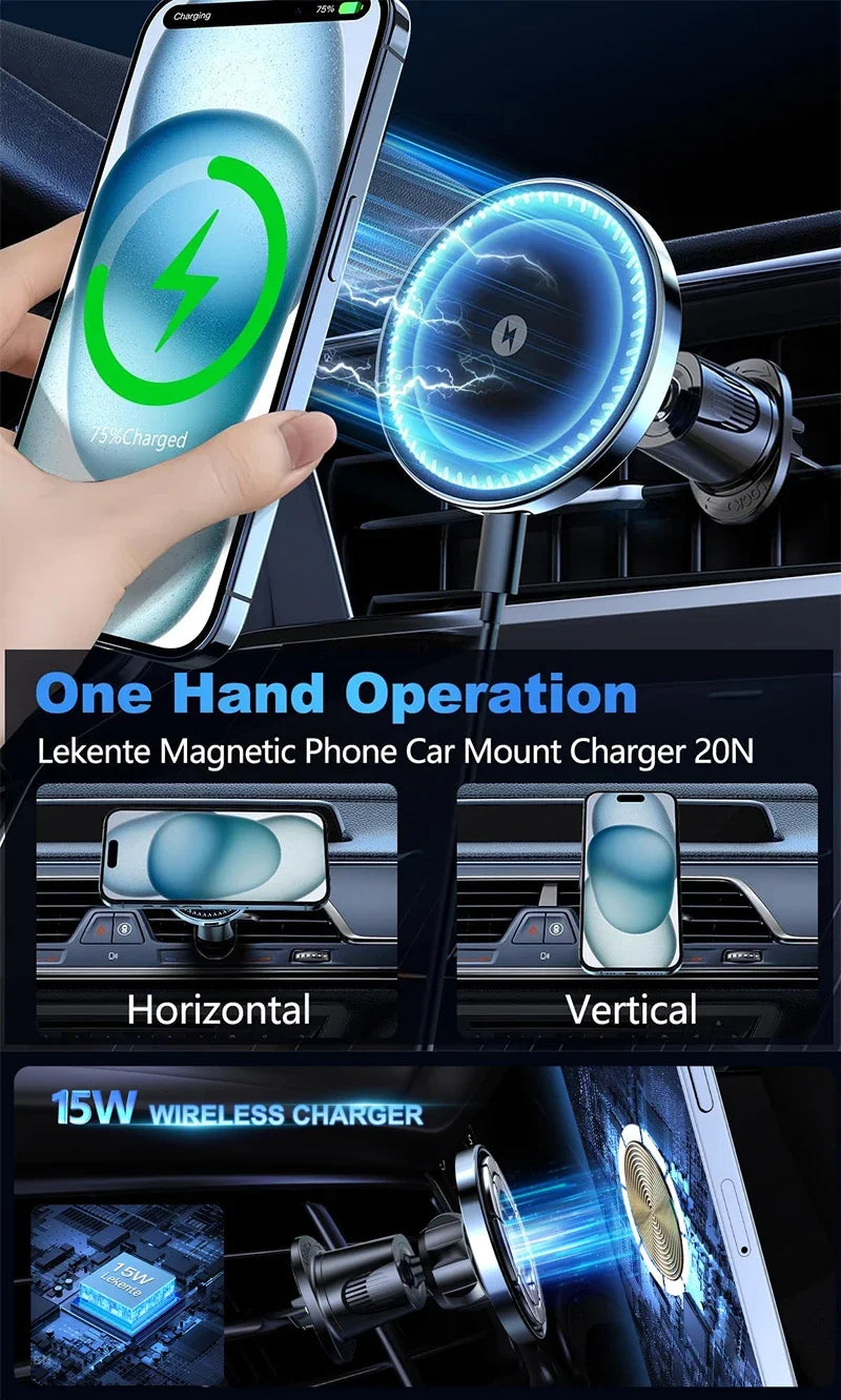 UYUXIO Chargeur sans fil magnétique pour voiture 15W – Support magnétique pour téléphone sur grille d’aération, compatible avec iPhone 16 / 15 / 14 / 13 / 12 / Pro / Max / Plus