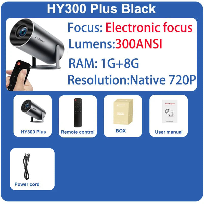 Projecteur DITONG HY300 Plus Android 4K 1280*720P Double Wifi 300ANSI Vidéo Cinéma Extérieur Portable maison HD LED HY300 Pro Projecteur