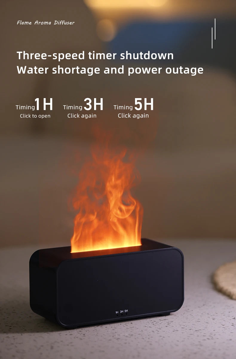 Diffuseur d’arômes à effet flamme colorée simulée — Humidificateur d’air ultrasonique à brume fraîche, avec ajout d’huiles essentielles et fonction de minuterie.