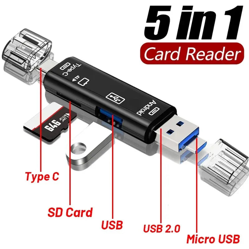 🔌 Lecteur de Cartes 5-en-1 Multifonction – USB 2.0 / Type-C / Micro USB / SD / TF