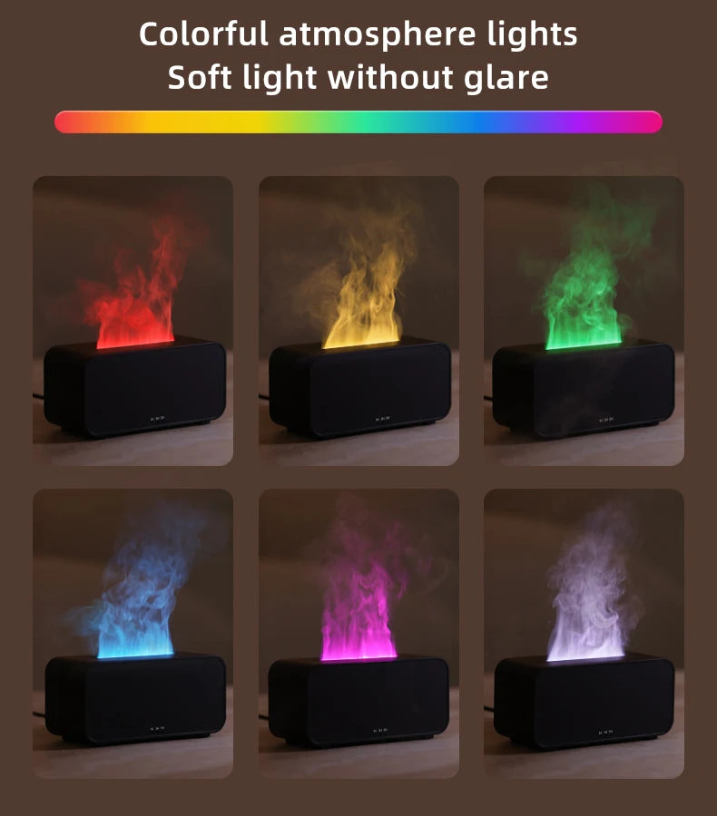 Diffuseur d’arômes à effet flamme colorée simulée — Humidificateur d’air ultrasonique à brume fraîche, avec ajout d’huiles essentielles et fonction de minuterie.