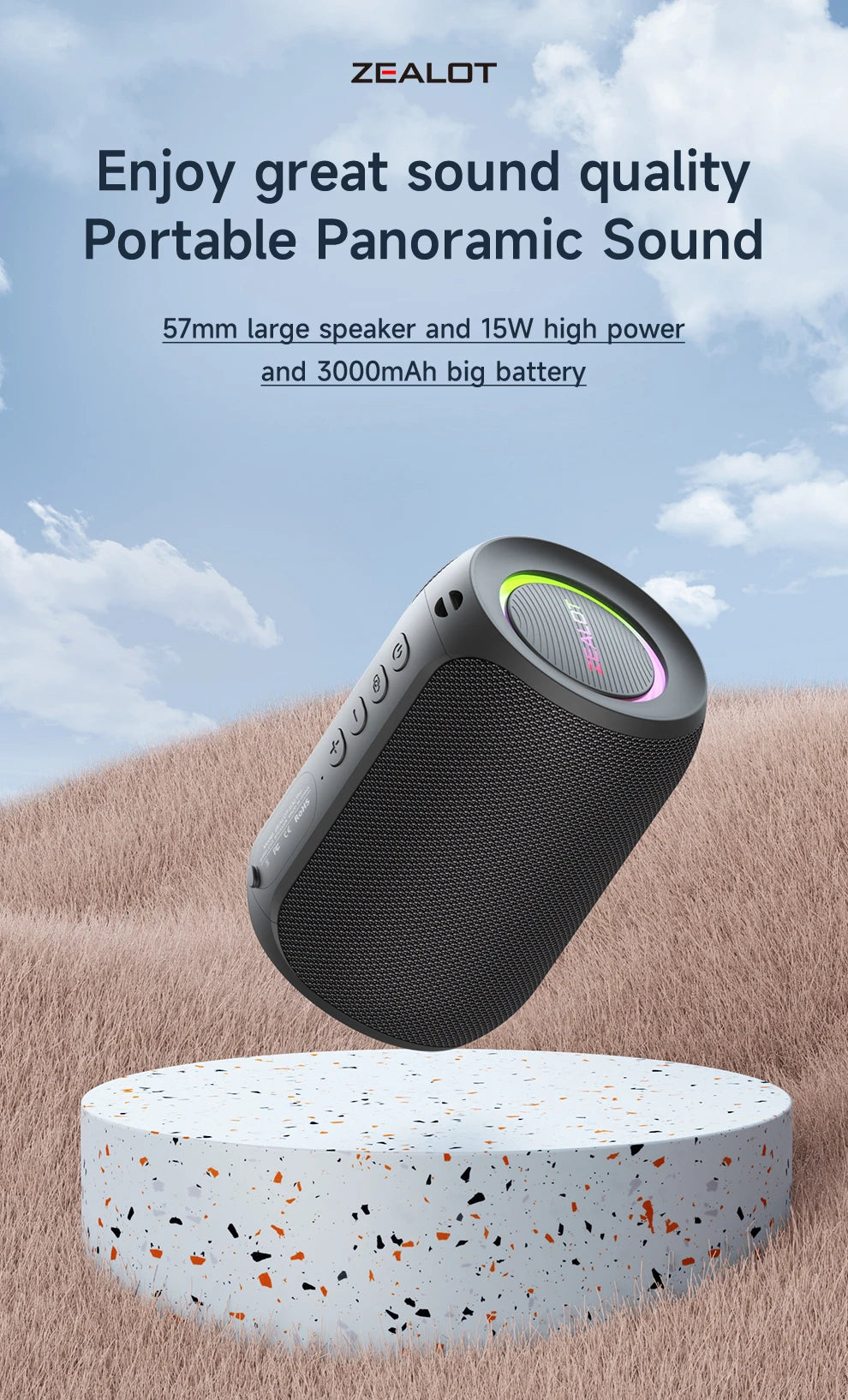 ZEALOT-S32PRO Enceinte portable Bluetooth 5.2 d'extérieur, étanche, sans fil, mini colonne TWS, carte TF