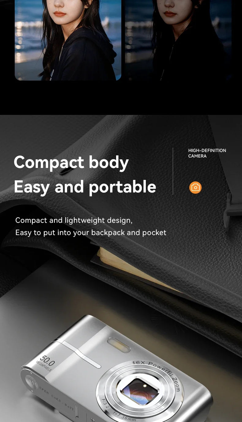 Appareil photo numérique 16x CCD — Appareil photo numérique beauté pour campus, niveau débutant, Polaroid cadeau, double objectif, caméscope, carte 64 Go, lecteur de carte.