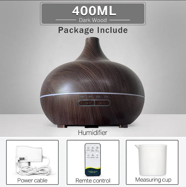 Diffuseur d’huiles essentielles en aromathérapie à grain de bois avec télécommande, humidificateur d’air ultrasonique à brouillard froid avec lumière LED à 7 couleurs.