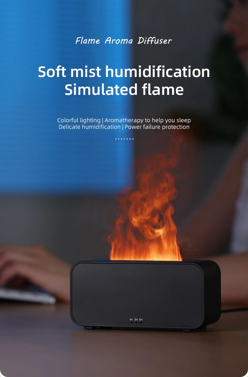 Diffuseur d’arômes à effet flamme colorée simulée — Humidificateur d’air ultrasonique à brume fraîche, avec ajout d’huiles essentielles et fonction de minuterie.