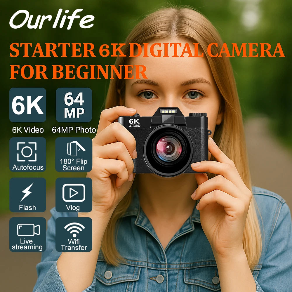 Appareil photo numérique compact Ourlife — Appareil photo 6K avec Wi-Fi, Webcam vintage, caméscope Vlog/YouTube, 64 Mpx, zoom 16x.