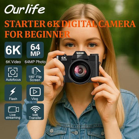 Appareil photo numérique compact Ourlife — Appareil photo 6K avec Wi-Fi, Webcam vintage, caméscope Vlog/YouTube, 64 Mpx, zoom 16x.