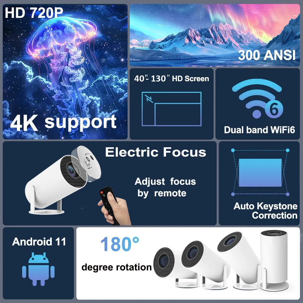 Projecteur DITONG HY300 Plus Android 4K 1280*720P Double Wifi 300ANSI Vidéo Cinéma Extérieur Portable maison HD LED HY300 Pro Projecteur