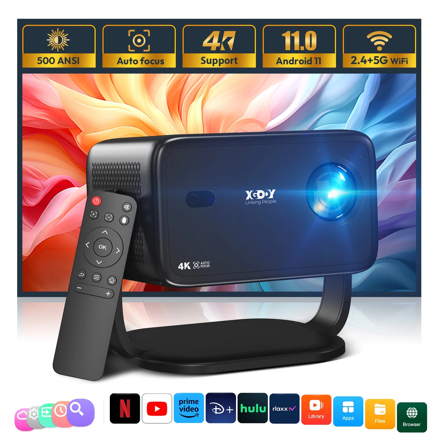 Projecteur XGODY 18 000 lumens 4K natif 1080P WiFi 6 Android Projecteurs AI Auto Focus HD Home Cinéma Cinéma