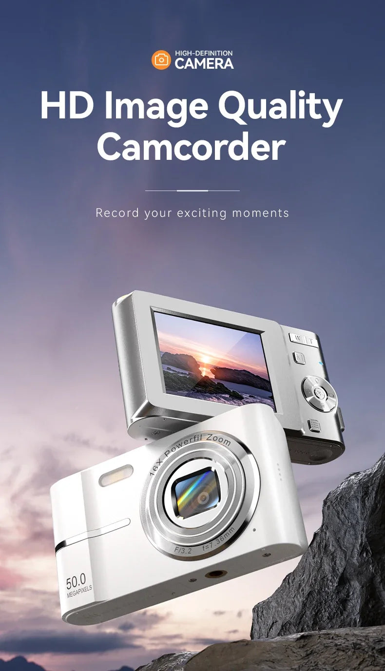 Appareil photo numérique 16x CCD — Appareil photo numérique beauté pour campus, niveau débutant, Polaroid cadeau, double objectif, caméscope, carte 64 Go, lecteur de carte.