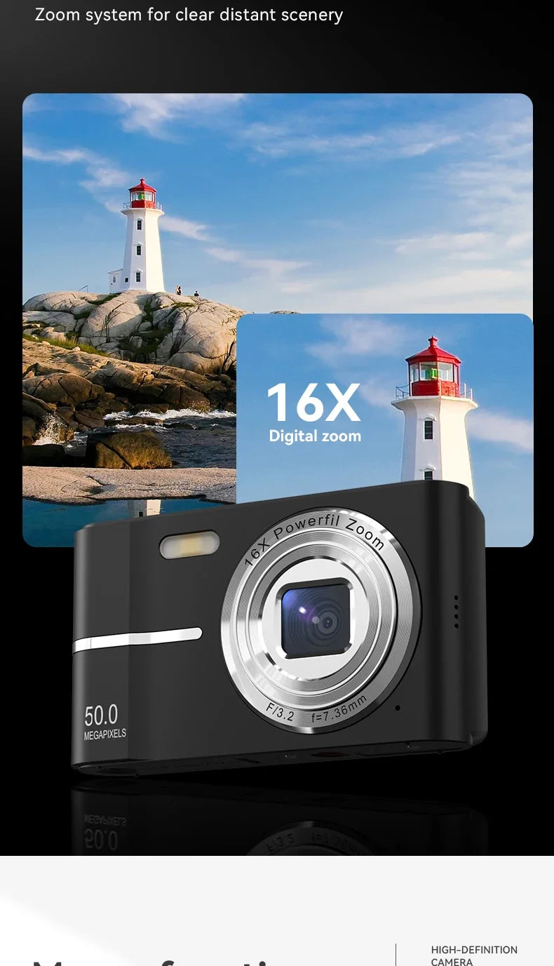 Appareil photo numérique 16x CCD — Appareil photo numérique beauté pour campus, niveau débutant, Polaroid cadeau, double objectif, caméscope, carte 64 Go, lecteur de carte.