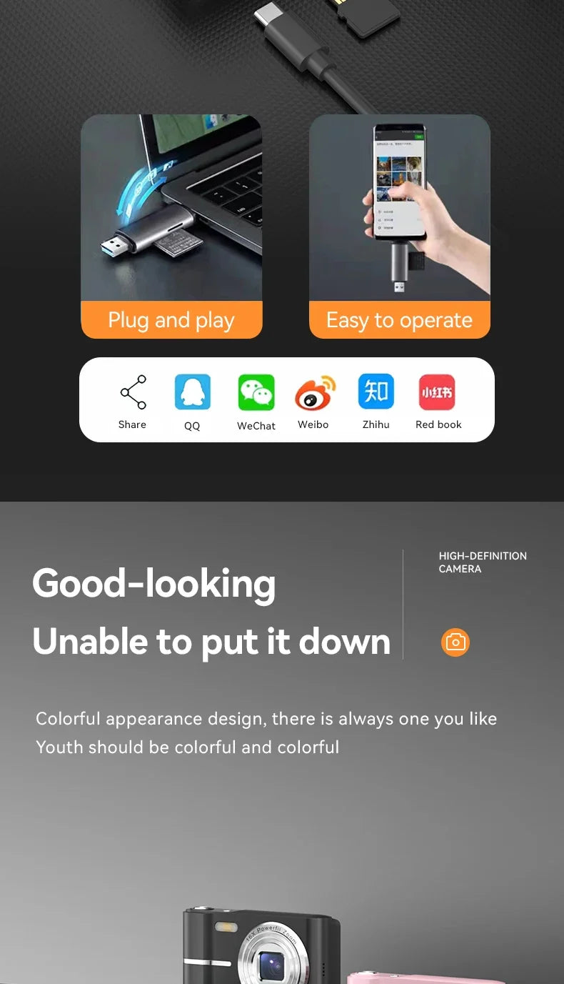 Appareil photo numérique 16x CCD — Appareil photo numérique beauté pour campus, niveau débutant, Polaroid cadeau, double objectif, caméscope, carte 64 Go, lecteur de carte.
