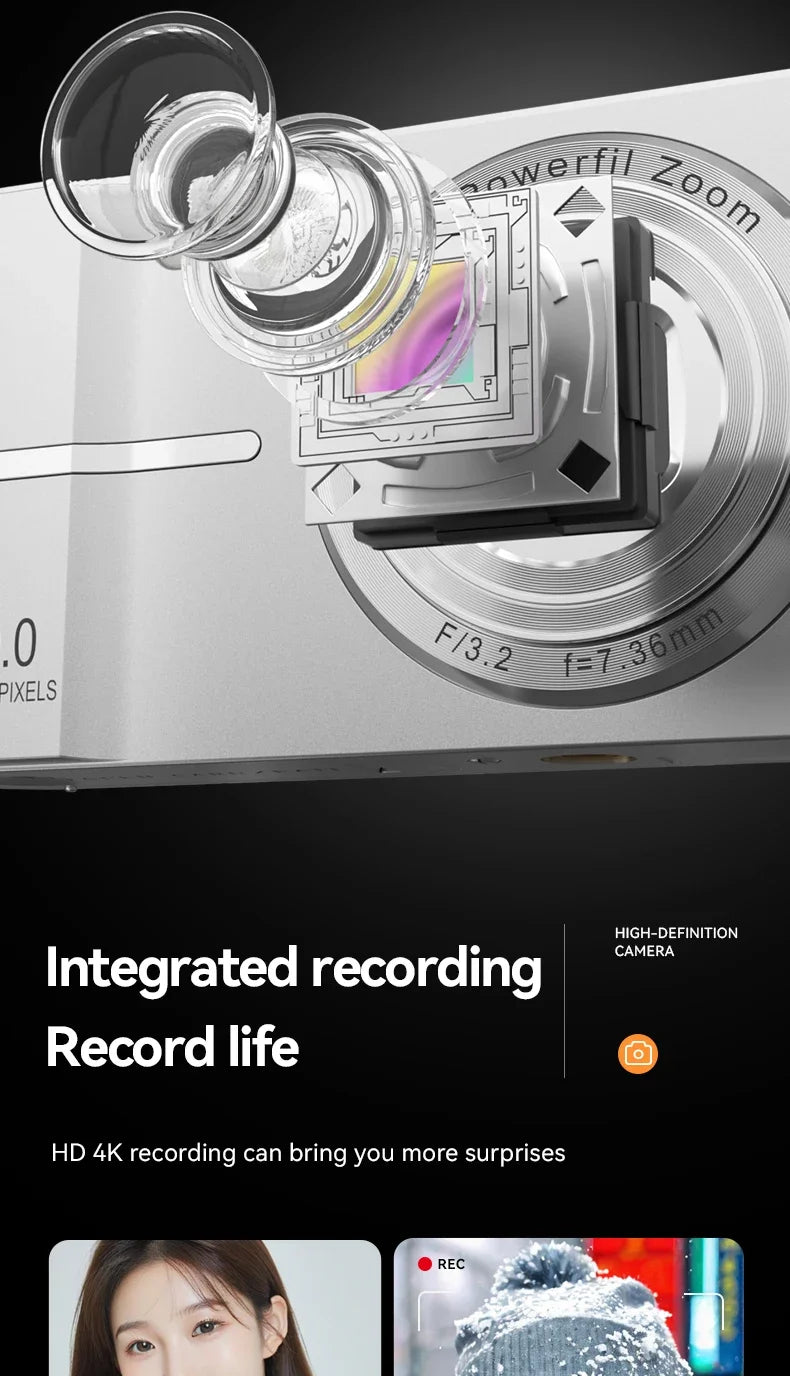 Appareil photo numérique 16x CCD — Appareil photo numérique beauté pour campus, niveau débutant, Polaroid cadeau, double objectif, caméscope, carte 64 Go, lecteur de carte.