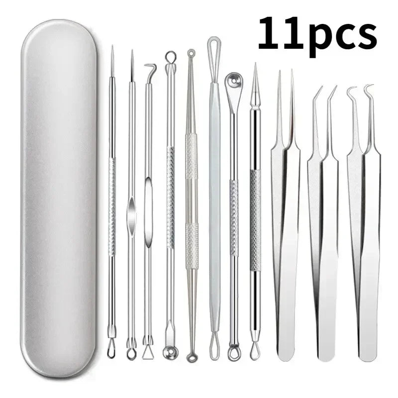 11 Pcs Extracteur de Points Noirs et d’Acné – Pince à Épiler Ultra-Fine & Aiguille Nettoyante