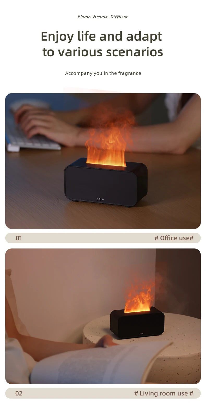Diffuseur d’arômes à effet flamme colorée simulée — Humidificateur d’air ultrasonique à brume fraîche, avec ajout d’huiles essentielles et fonction de minuterie.