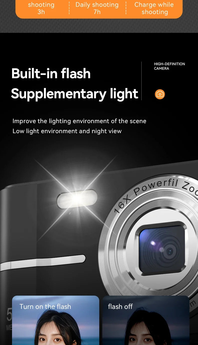 Appareil photo numérique 16x CCD — Appareil photo numérique beauté pour campus, niveau débutant, Polaroid cadeau, double objectif, caméscope, carte 64 Go, lecteur de carte.