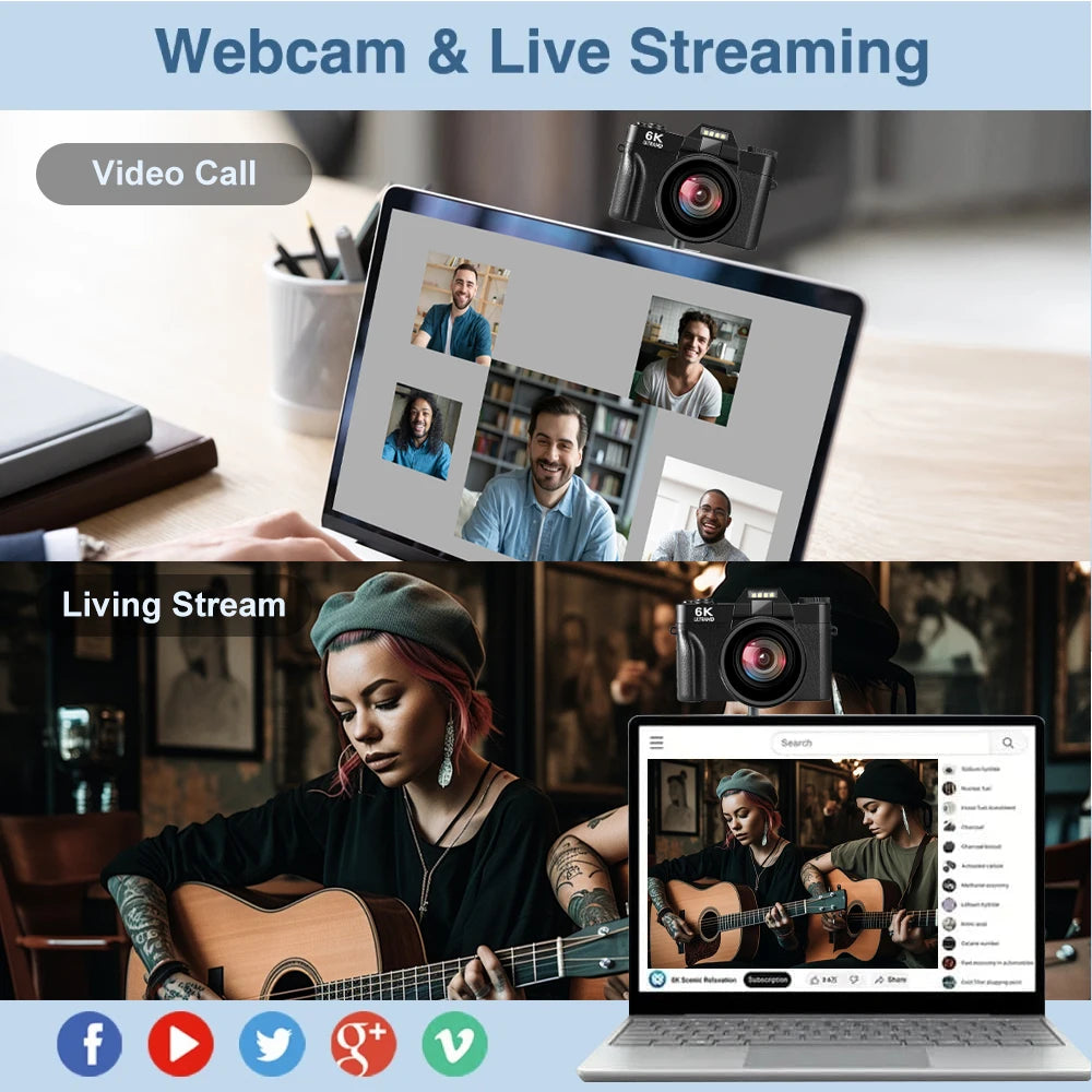 Appareil photo numérique compact Ourlife — Appareil photo 6K avec Wi-Fi, Webcam vintage, caméscope Vlog/YouTube, 64 Mpx, zoom 16x.