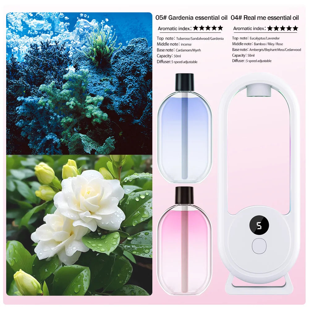 Diffuseur d’arômes portable rechargeable — Machine d’aromathérapie aux huiles essentielles, désodorisant à pulvérisation programmée (5 modes) pour éliminer les mauvaises odeurs et rafraîchir l’air.