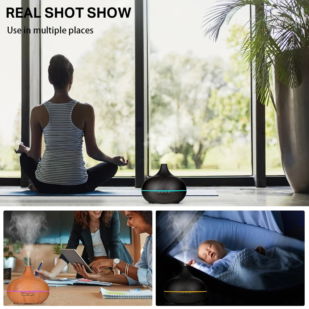 Diffuseur d’huiles essentielles en aromathérapie à grain de bois avec télécommande, humidificateur d’air ultrasonique à brouillard froid avec lumière LED à 7 couleurs.